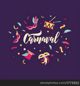 Carnaval hand lettering text as banner, card, logo, icon, invitation template. Vector illustration with colorful party elements.