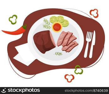 Carne Asada Grilled beef. Mexican food. Grilled meat in plate cut into pieces with sauce, lime slices and chili pepper. Top view of served dish. Vector illustration of Latin American national dish