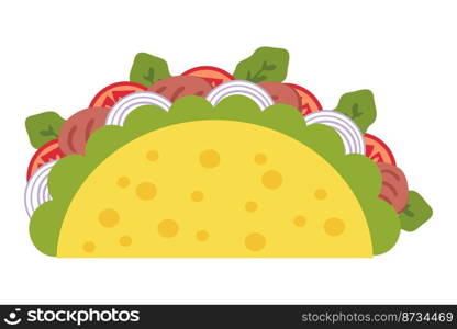 Carne asada mexican fastfood taco in flat style. Perfect for tee, stickers, menu and stationery. Isolated vector illustration for decor and design. 