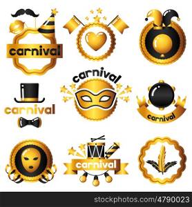 Carnival badges with gold icons and objects. Celebration party background. Carnival badges with gold icons and objects. Celebration party set.
