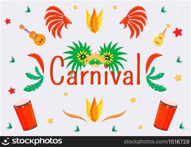 Carnival banner flat vector template. Brochure, poster concept design with cartoon illustrations. Masquerade mask and crowns. Musical instruments horizontal flyer, leaflet with text