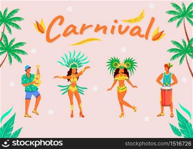 Carnival banner flat vector template. Horizontal poster with concepts design. Men playing on traditional musical instruments cartoon illustration with typography. Latino ladies on pink background