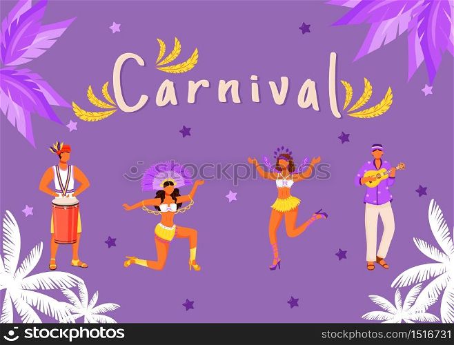 Carnival banner flat vector template. Horizontal poster with concepts design. Brazilian parade. Men playing on tumbadora cartoon illustration with typography. Dancing women on purple background