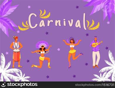 Carnival banner flat vector template. Horizontal poster with concepts design. Brazilian parade. Men playing on tumbadora cartoon illustration with typography. Dancing women on purple background