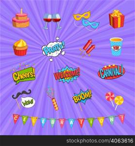 Carnival comic elements set with presents symbols flat isolated vector illustration. Carnival Comic Elements Set