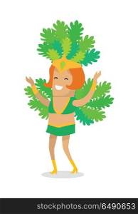 Carnival dancer character vector in flat design. Smiling red-head woman in green carnival costume. Festival in tropics. Samba dancer illustration for vacation, summer party concepts. Isolated on white. Carnival Dancer Character Vector In Flat Design. Carnival Dancer Character Vector In Flat Design