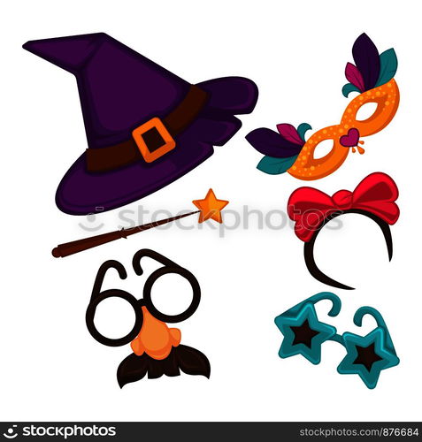 Carnival decorations hats and masks set. Entertainment element and performers important attributes. Cap of witch, wand of wizard with star on top and glasses of clown isolated on vector illustration. Carnival decorations hats and masks set vector illustration