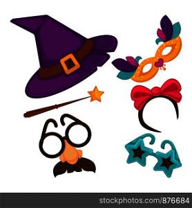 Carnival decorations hats and masks set. Entertainment element and performers important attributes. Cap of witch, wand of wizard with star on top and glasses of clown isolated on vector illustration. Carnival decorations hats and masks set vector illustration