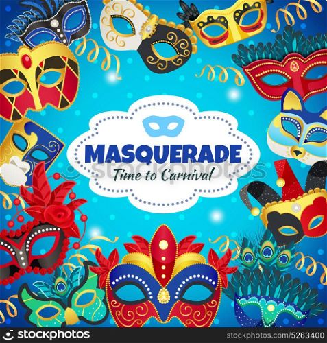 Carnival Decorative Frame. Time to carnival decorative background with colorful frame composed of wonderful masquerade masks flat vector illustration