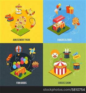 Carnival design concept with amusement park and circus show isometric icons isolated vector illustration. Carnival Design Concept