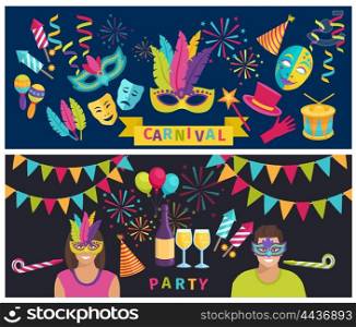 Carnival Elements Banner. Horizontal color flat banners depicting decoration and elements of carnival party vector illustration