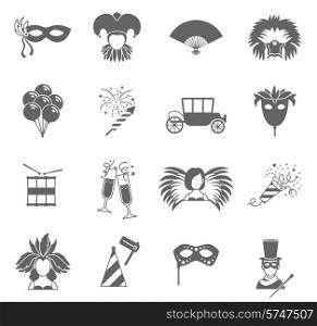 Carnival festive face masks black icons set with feathers fan and magic wand abstract vector isolated illustration