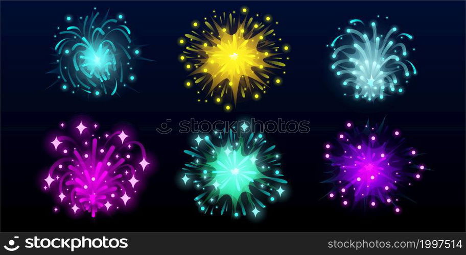 Carnival fireworks in night sky. Bright explosions of festive rockets isolated on black background. Vector cartoon set of fireworks for birthday party or holidays celebration. Bright carnival fireworks in night sky