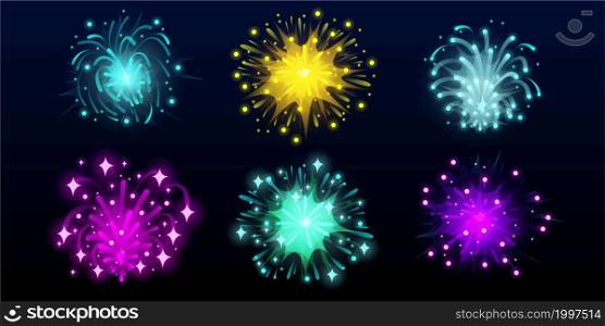 Carnival fireworks in night sky. Bright explosions of festive rockets isolated on black background. Vector cartoon set of fireworks for birthday party or holidays celebration. Bright carnival fireworks in night sky