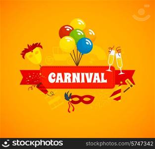 Carnival flat background with mask champagne glasses and balloons vector illustration