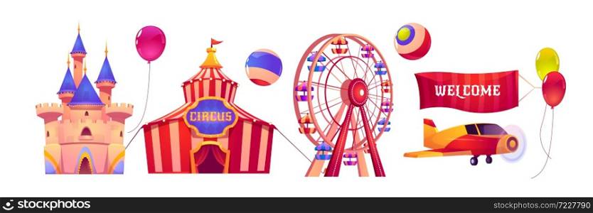 Carnival funfair with circus tent, ferris wheel and magic castle. Vector cartoon set of attractions in amusement park with airplane, welcome banner and balloons isolated on white background. Carnival funfair with circus tent and ferris wheel
