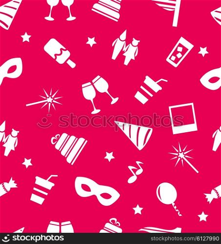 Carnival holiday objects seamless pattern. Illustration Seamless Pattern with White Silhouettes Carnival and Holiday Objects on Pink Background - Vector