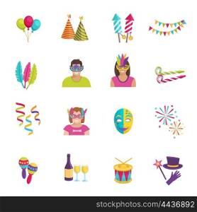 Carnival Icon Flat. Set ot color flat icons depicting carnival elements balloon mask firework vector illustration