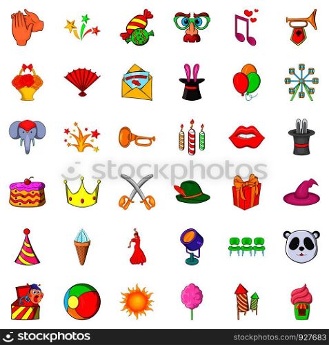 Carnival icons set. Cartoon style of 36 carnival vector icons for web isolated on white background. Carnival icons set, cartoon style
