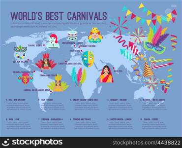 Carnival Illustration Infographic. Color flat infographic depicting on the map worlds best carnivals with icons vector illustration