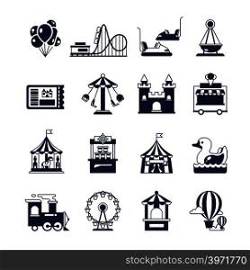 Carnival in amusement park with carousel and circus. Attractions vector icon. Attraction and carnival with carousel for park amusement illustration. Carnival in amusement park with carousel and circus. Attractions vector icons