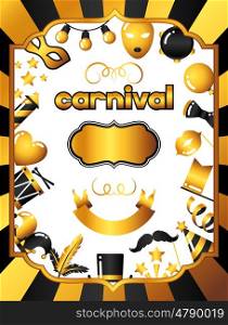 Carnival invitation card with gold icons and objects. Celebration party background. Carnival invitation card with gold icons and objects. Celebration party background.