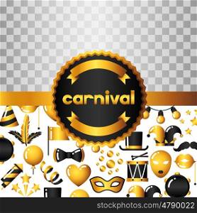 Carnival invitation card with gold icons and objects. Celebration party background. Carnival invitation card with gold icons and objects. Celebration party background.