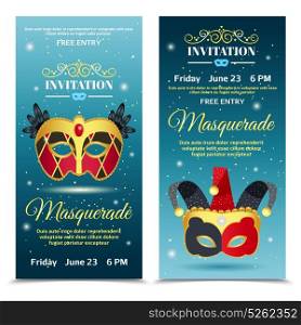 Carnival Invitation Vertical Banners. Carnival vertical banners representing invitation tickets with date of event decorated by clowns mask flat vector illustration
