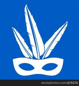 Carnival mask icon white isolated on blue background vector illustration. Carnival mask icon white