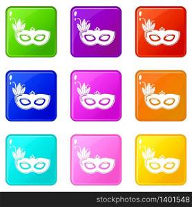 Carnival mask icons set 9 color collection isolated on white for any design. Carnival mask icons set 9 color collection