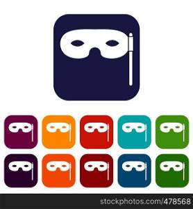 Carnival mask icons set vector illustration in flat style in colors red, blue, green, and other. Carnival mask icons set