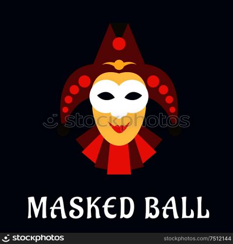 Carnival mask of jester or joker in flat style with red collar and hat, decorated by bells on blue background with caption Masked Ball below. Jester mask with collar and hat