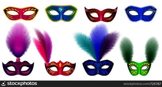 Carnival mask venetian mockup set. Realistic illustration of 8 carnival mask venetian mockups for web. Carnival mask venetian mockup set, realistic style