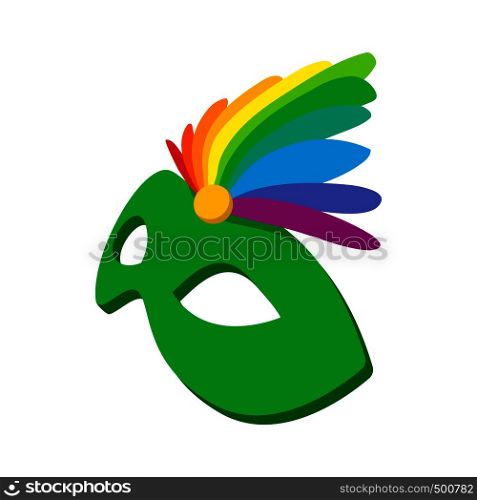 Carnival mask with feathers icon in cartoon style on a white background. Carnival mask with feathers icon, cartoon style