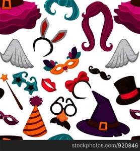 Carnival masks and costume accessories seamless pattern. Vector flat icons set of birthday party carnival mask, witch hat and wig, angel wings or funny nose or mustache glasses, bunny ears and magic hat. Carnival masks and costume accessories seamless pattern.
