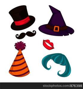 Carnival masks and masquerade party costume accessories. Vector flat icons set of birthday party carnival mask, witch hat and color wig with lips kiss, gentleman hat and mustaches. Carnival masks and masquerade vector accessories