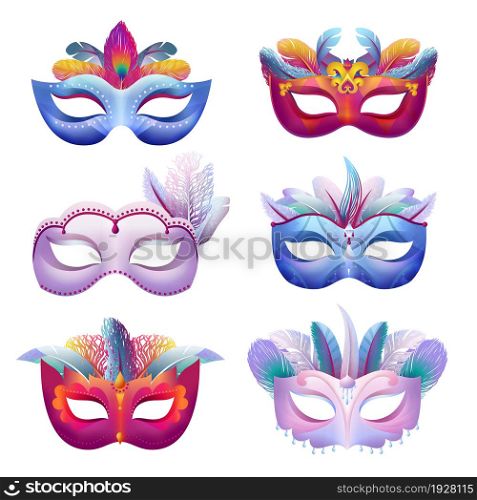 Carnival masks. Creative mask, brazil venice masquerade festival. Colorful parade costume elements with feathers, show swanky vector set. Illustration of masquerade mask, decoration carnival party. Carnival masks. Creative mask, brazil venice masquerade festival. Colorful parade costume elements with bright feathers, show swanky vector set