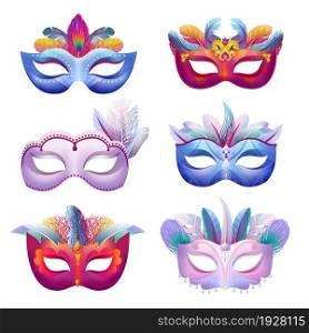 Carnival masks. Creative mask, brazil venice masquerade festival. Colorful parade costume elements with feathers, show swanky vector set. Illustration of masquerade mask, decoration carnival party. Carnival masks. Creative mask, brazil venice masquerade festival. Colorful parade costume elements with bright feathers, show swanky vector set