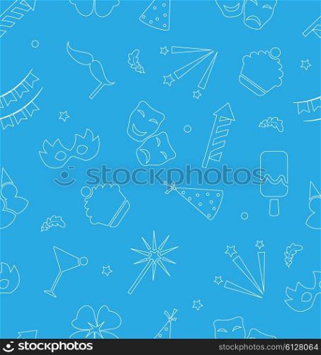 Carnival masks holiday objects seamless pattern. Illustration Seamless Pattern with White Silhouettes Carnival and Holiday Objects on Blue Background - Vector