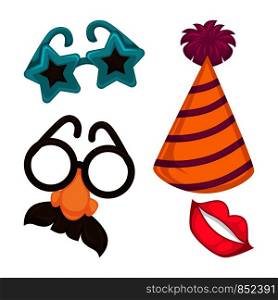Carnival masks or masquerade costume accessories. Vector isolated icons of festival star glasses or nose with mustaches, funny cap with pom-pom and lips for party and birthday celebration. Carnival masks vector flat isolated icons