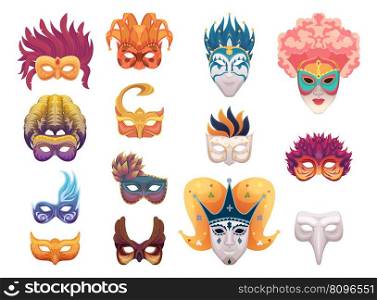 Carnival masks. Venetian fashioned items for faces festive night party colored masks exact vector illustrations isolated. Masquerade carnival face mask. Carnival masks. Venetian fashioned items for faces festive night party colored masks exact vector illustrations isolated