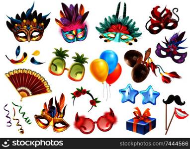 Carnival masquerade festival celebration attributes accessories realistic colorful set with presents masks glasses feathers balloons vector illustration . Carnival Accessories Set