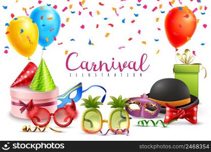 Carnival masquerade party hats balloons confetti funny colored and shaped glasses realistic composition invitation poster vector illustration . Carnival Party Accessories Poster