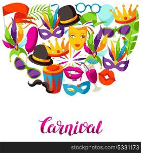 Carnival party background with celebration icons, objects and decor. Carnival party background with celebration icons, objects and decor.