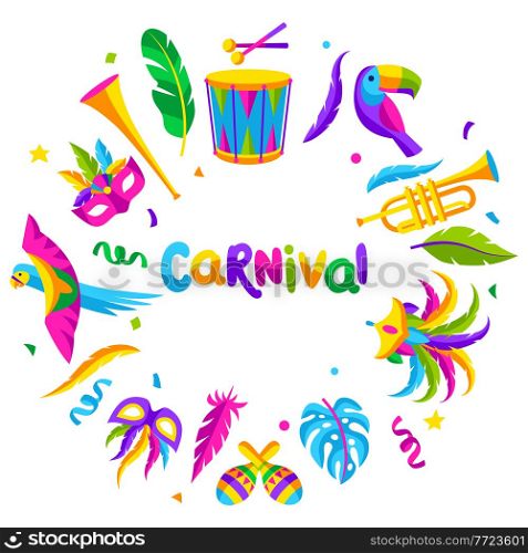Carnival party background with celebration icons, objects and decor. Mardi Gras illustration for traditional holiday or festival.. Carnival party background with celebration icons, objects and decor. Mardi Gras illustration for traditional holiday.