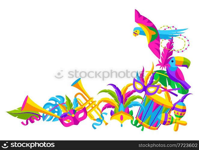 Carnival party background with celebration icons, objects and decor. Mardi Gras illustration for traditional holiday or festival.. Carnival party background with celebration icons, objects and decor. Mardi Gras illustration for traditional holiday.