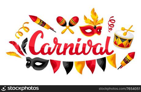 Carnival party background with celebration icons, objects and decor. Illustration for traditional holiday or festival.. Carnival party background with celebration icons, objects and decor.