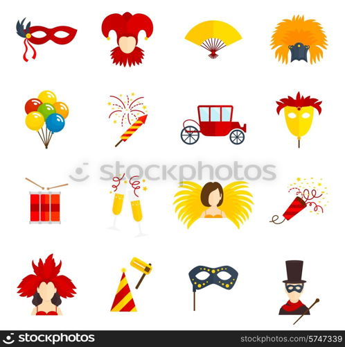 Carnival party festive costumes venetian style masquerade masks flat icons collection with clown abstract vector isolated illustration