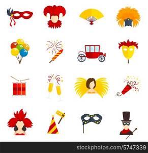 Carnival party festive costumes venetian style masquerade masks flat icons collection with clown abstract vector isolated illustration