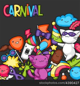 Carnival party kawaii background. Cute cats, decorations for celebration, objects and symbols.
